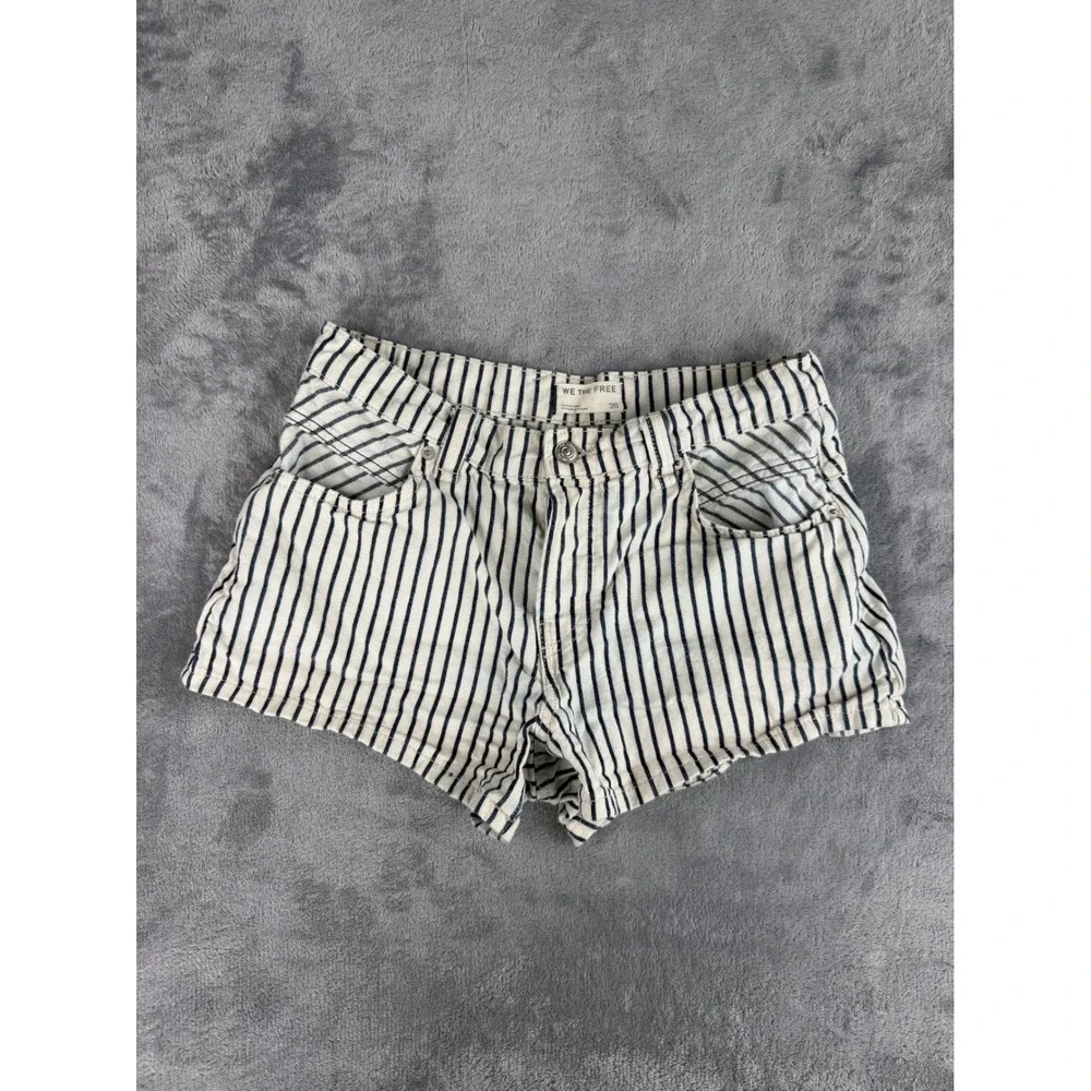 Free People We The Free Railroad Striped Denim High Rise Mini Shorts 26 Coastal